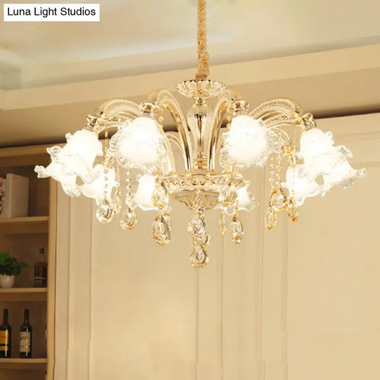 Gold Flared Chandelier With Crystal Accents - Classic Ruffle Glass Pendant Light For Living Room