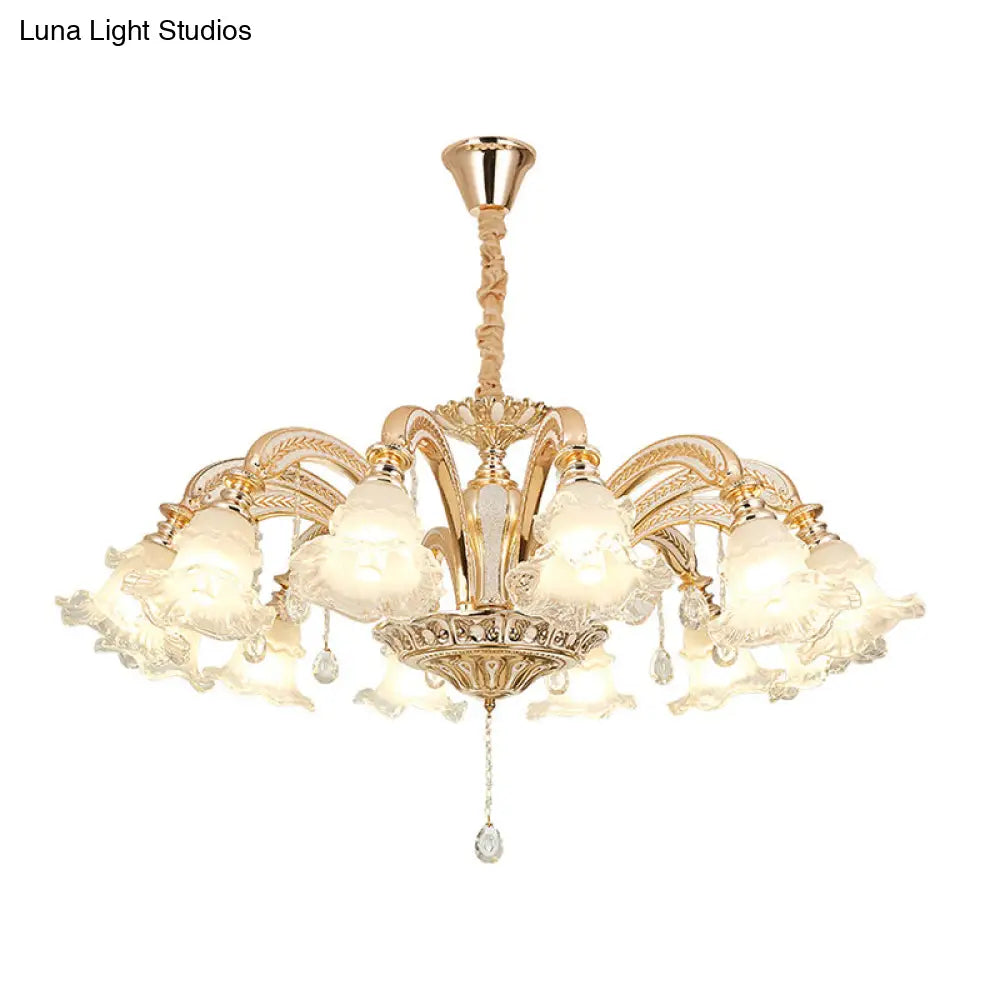 Gold Flared Chandelier With Crystal Accents - Classic Ruffle Glass Pendant Light For Living Room