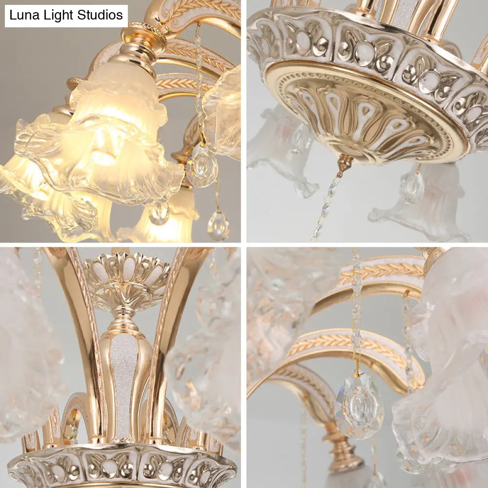 Gold Flared Chandelier With Crystal Accents - Classic Ruffle Glass Pendant Light For Living Room