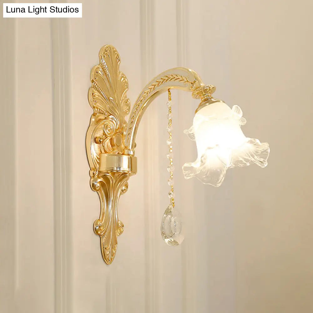 Gold Flared Chandelier With Crystal Accents - Classic Ruffle Glass Pendant Light For Living Room