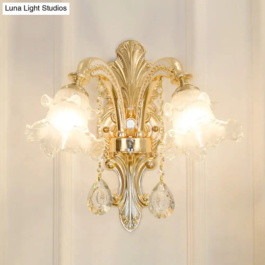 Gold Flared Chandelier With Crystal Accents - Classic Ruffle Glass Pendant Light For Living Room