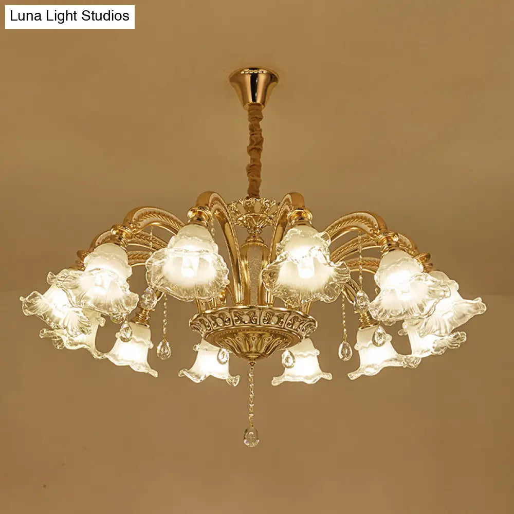 Gold Flared Chandelier With Crystal Accents - Classic Ruffle Glass Pendant Light For Living Room