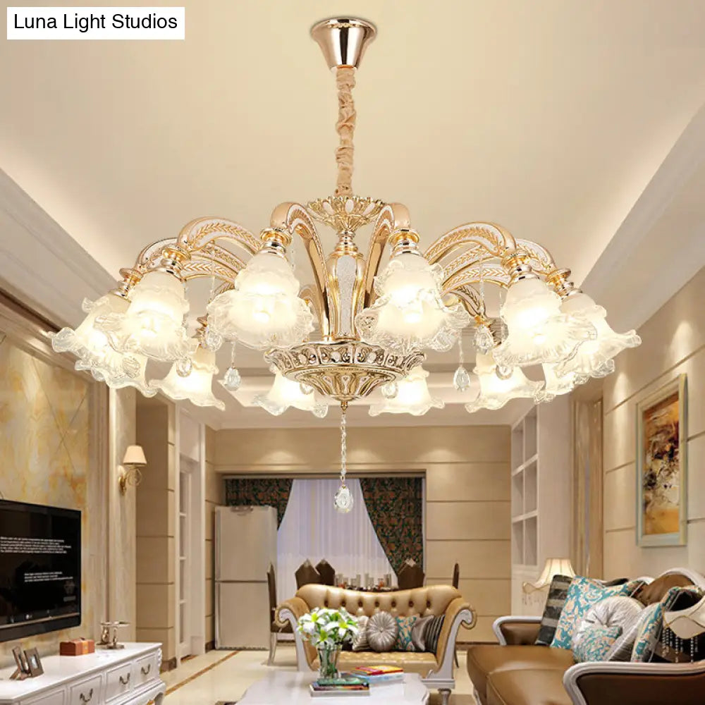 Gold Flared Chandelier With Crystal Accents - Classic Ruffle Glass Pendant Light For Living Room