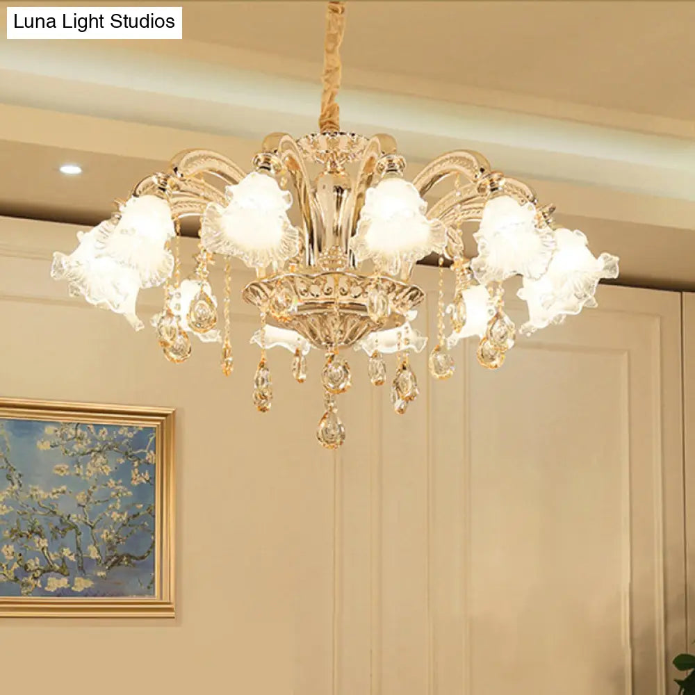 Gold Flared Chandelier With Crystal Accents - Classic Ruffle Glass Pendant Light For Living Room