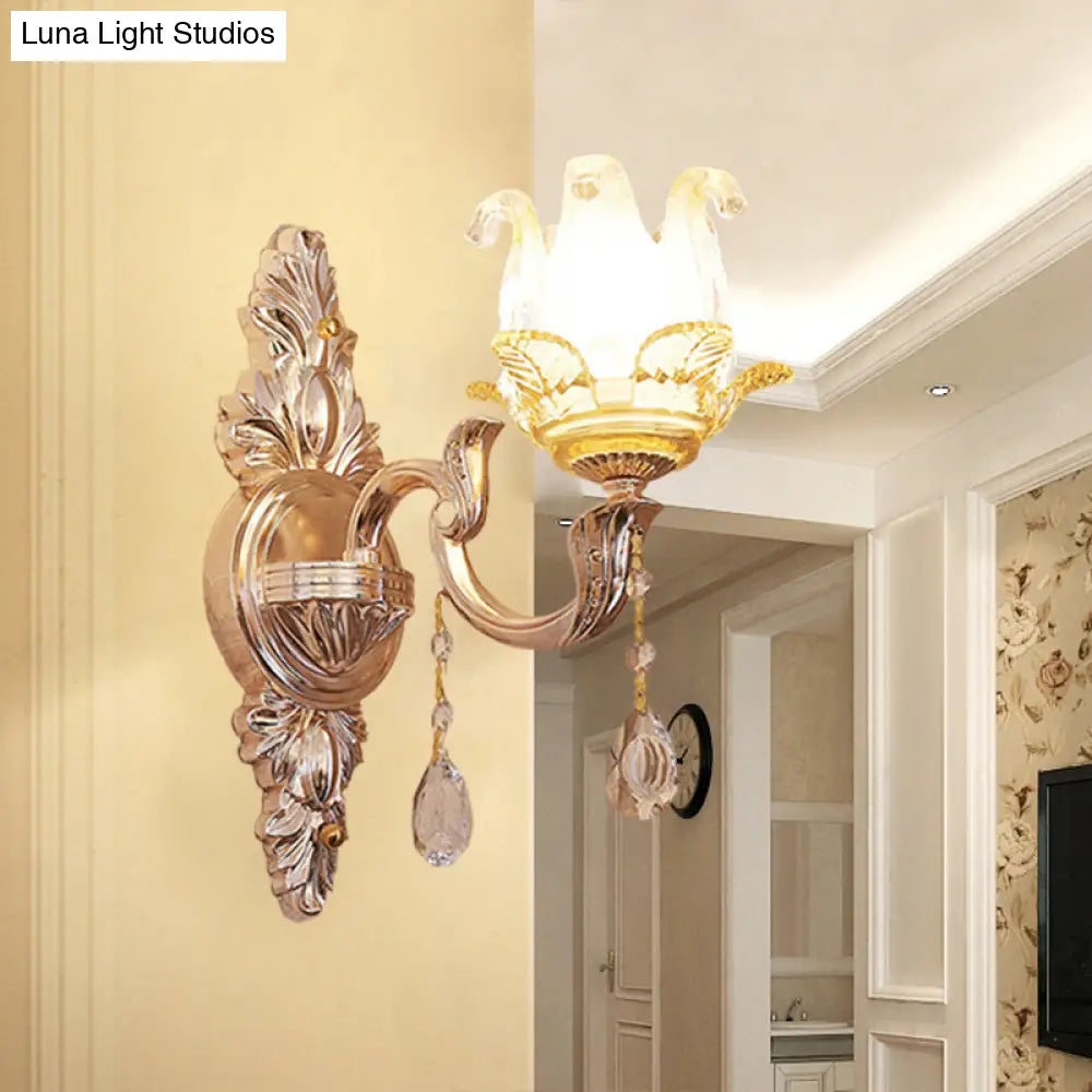 Gold Floral Bedroom Sconce With Crystal Glass For Traditional Wall Lighting