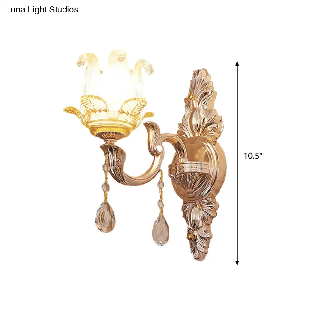 Gold Floral Bedroom Sconce With Crystal Glass For Traditional Wall Lighting