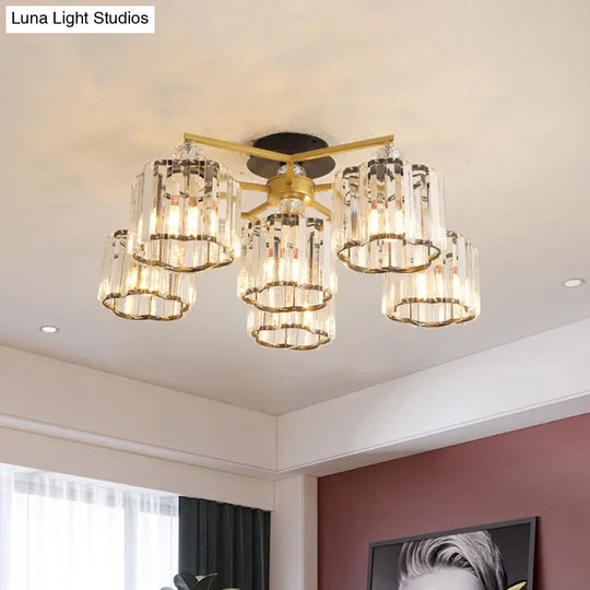 Gold Floral Cylinder Crystal Guest Room Semi Flush Ceiling Fixture (4/6/7-Light) - Minimalist Design