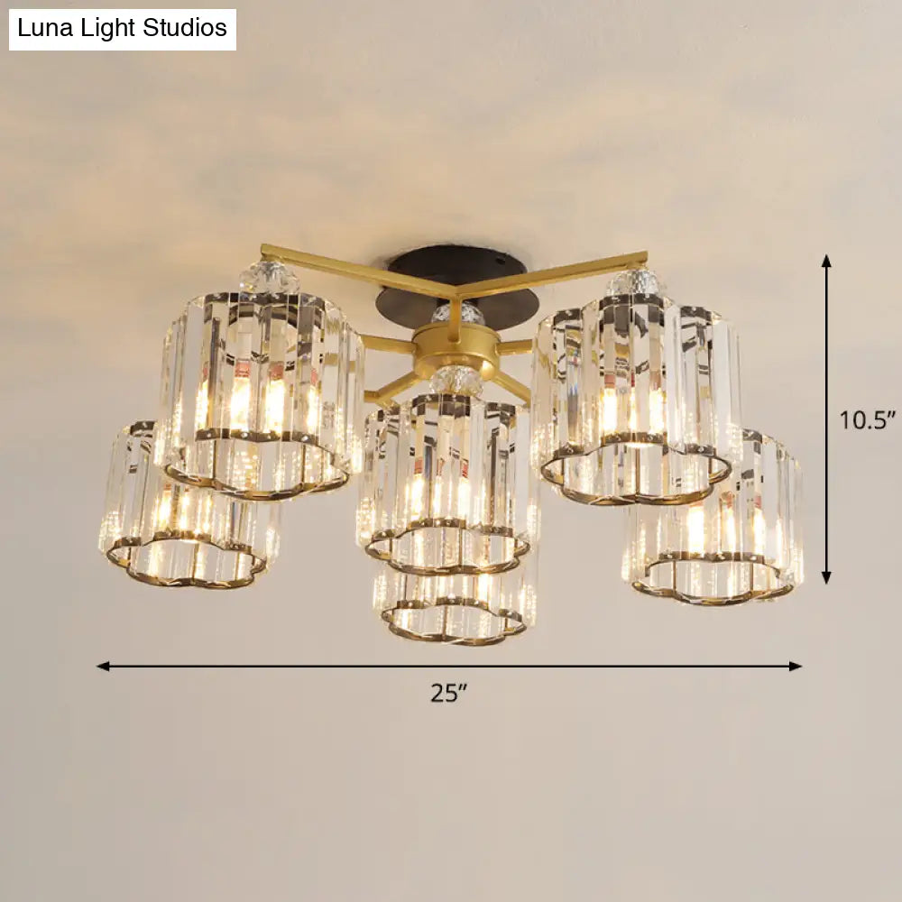 Gold Floral Cylinder Crystal Guest Room Semi Flush Ceiling Fixture (4/6/7-Light) - Minimalist Design