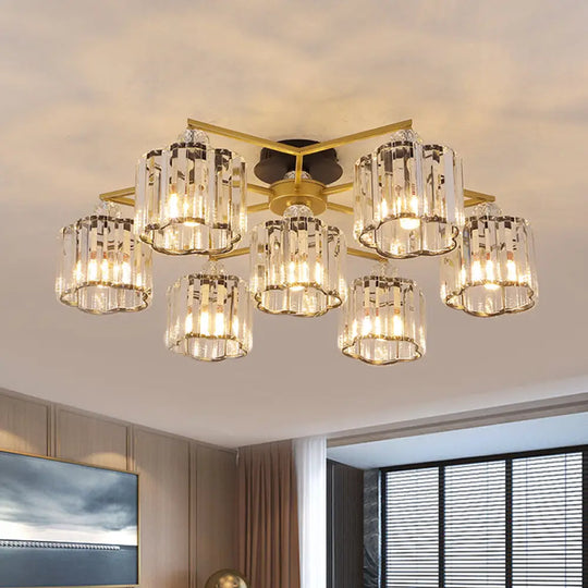 Gold Floral Cylinder Crystal Guest Room Semi Flush Ceiling Fixture (4/6/7-Light) - Minimalist Design