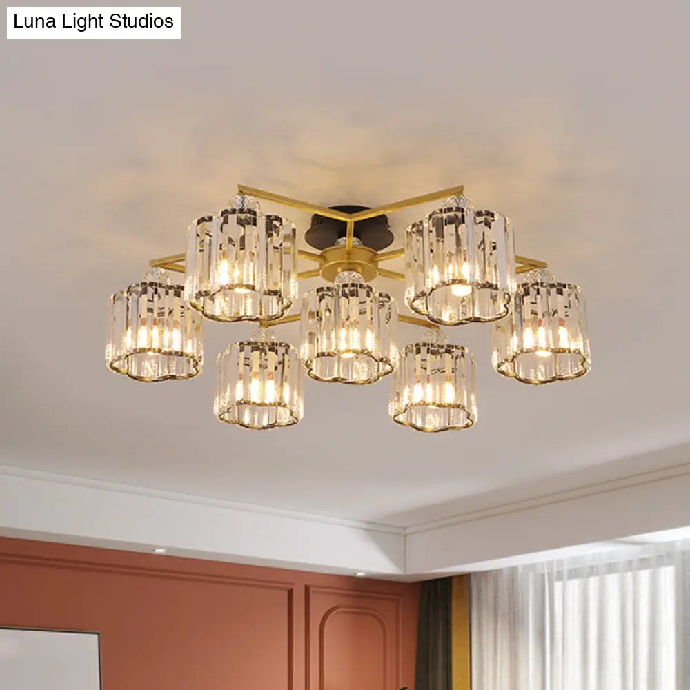 Gold Floral Cylinder Crystal Guest Room Semi Flush Ceiling Fixture (4/6/7-Light) - Minimalist Design