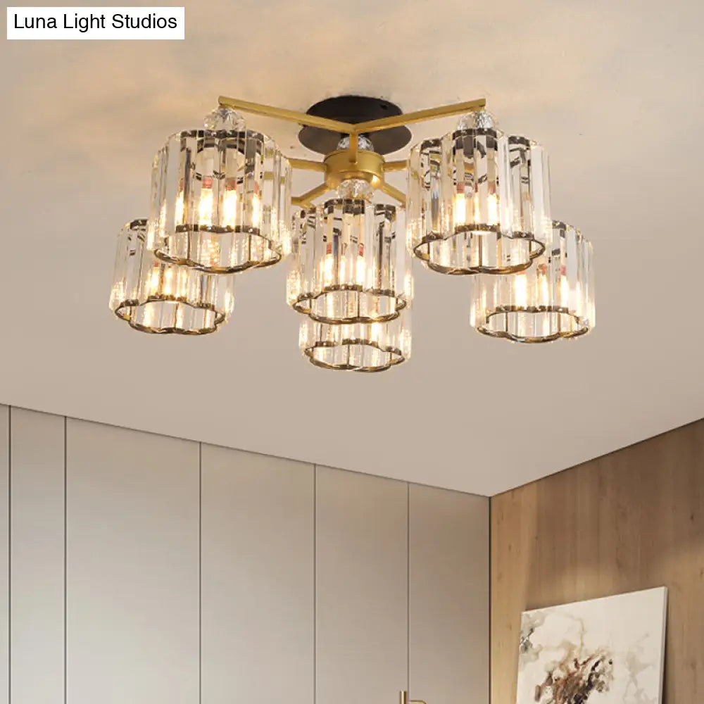 Gold Floral Cylinder Crystal Guest Room Semi Flush Ceiling Fixture (4/6/7-Light) - Minimalist Design