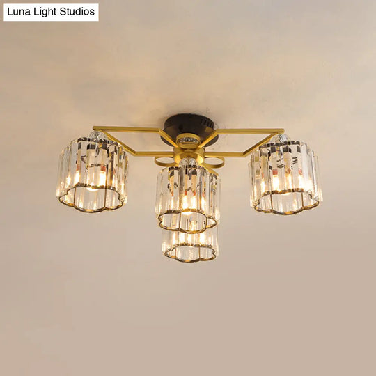 Gold Floral Cylinder Crystal Guest Room Semi Flush Ceiling Fixture (4/6/7-Light) - Minimalist Design