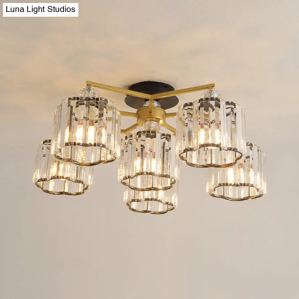 Gold Floral Cylinder Crystal Guest Room Semi Flush Ceiling Fixture (4/6/7-Light) - Minimalist Design