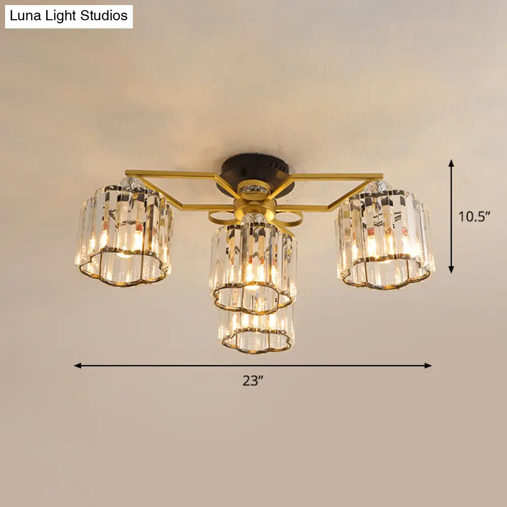 Gold Floral Cylinder Crystal Guest Room Semi Flush Ceiling Fixture (4/6/7-Light) - Minimalist Design