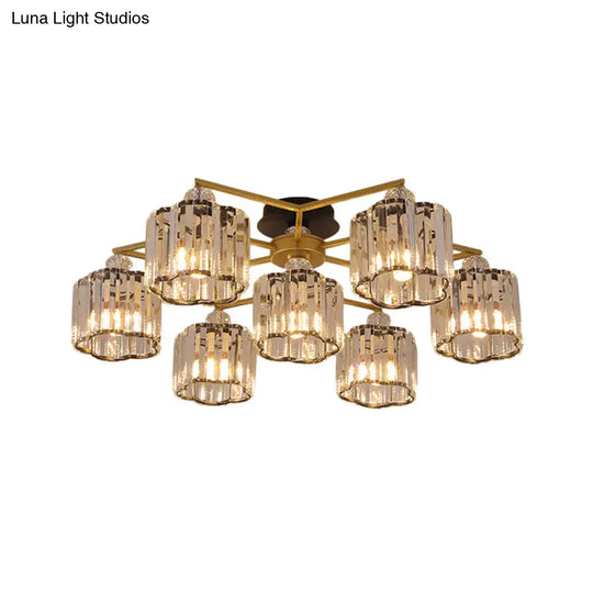 Gold Floral Cylinder Crystal Guest Room Semi Flush Ceiling Fixture (4/6/7-Light) - Minimalist Design