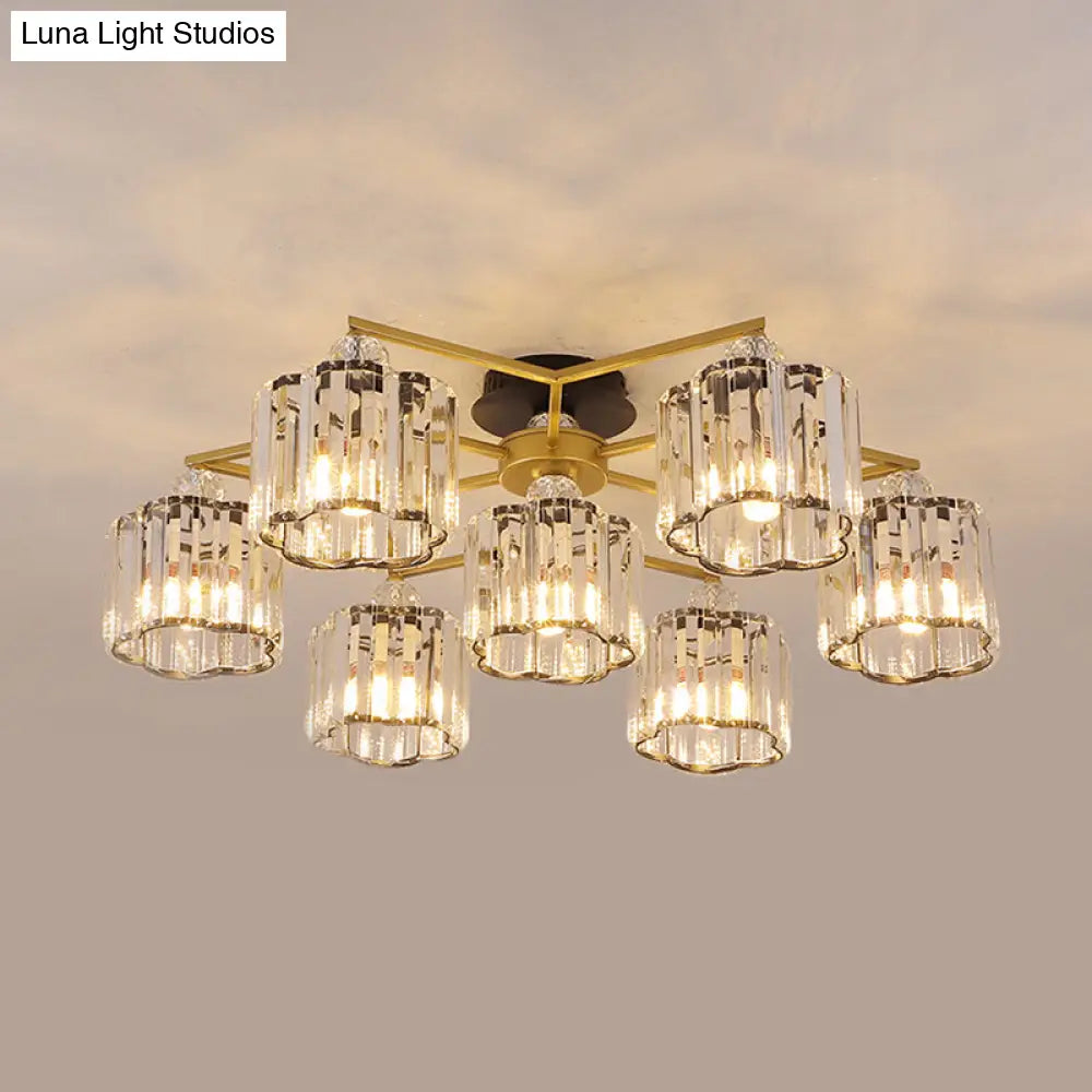 Gold Floral Cylinder Crystal Guest Room Semi Flush Ceiling Fixture (4/6/7-Light) - Minimalist Design