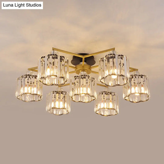 Gold Floral Cylinder Crystal Guest Room Semi Flush Ceiling Fixture (4/6/7-Light) - Minimalist Design