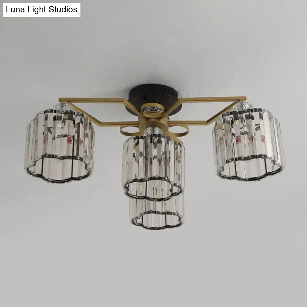 Gold Floral Cylinder Crystal Guest Room Semi Flush Ceiling Fixture (4/6/7-Light) - Minimalist Design