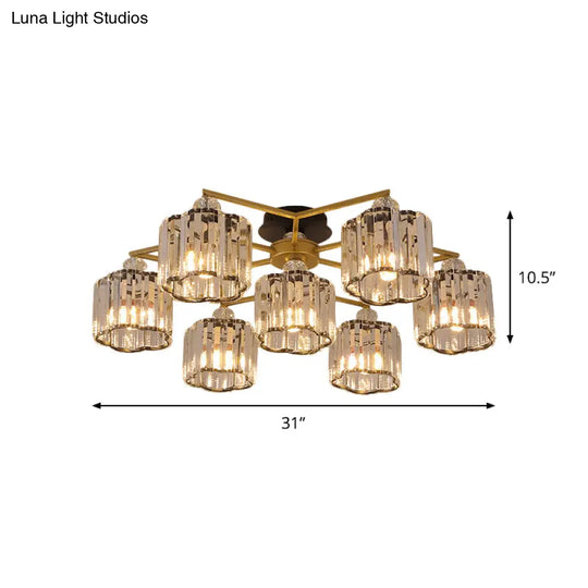 Gold Floral Cylinder Crystal Guest Room Semi Flush Ceiling Fixture (4/6/7-Light) - Minimalist Design