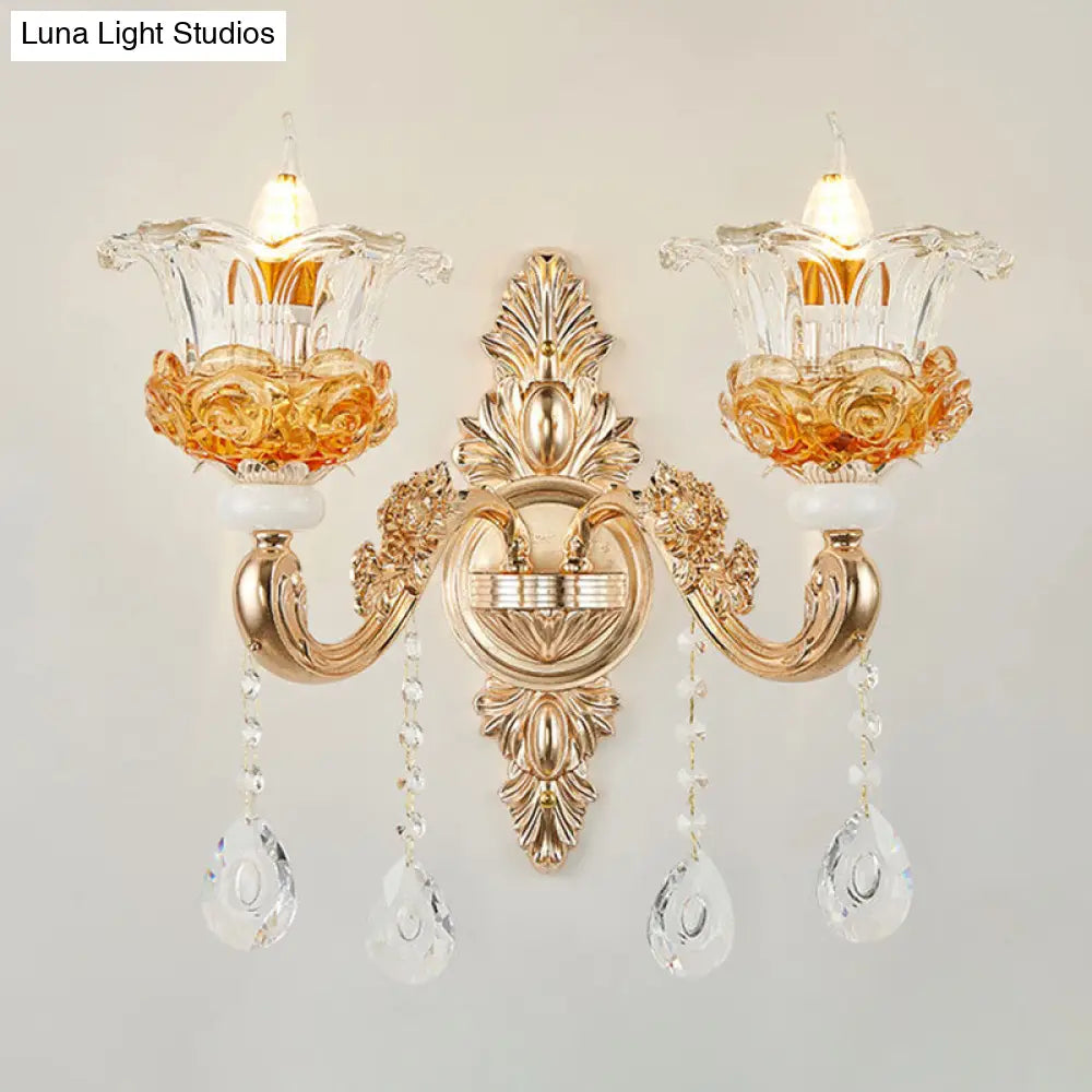 Floral Clear Glass Living Room Chandelier - Simple Gold Suspension Light Fixture 2 /