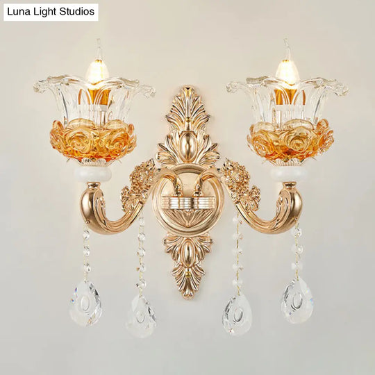 Floral Clear Glass Living Room Chandelier - Simple Gold Suspension Light Fixture 2 /