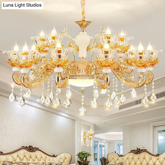 Floral Clear Glass Living Room Chandelier - Simple Gold Suspension Light Fixture