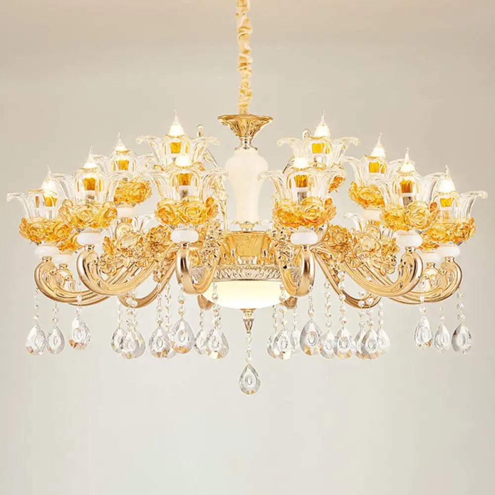 Gold Floral Glass Chandelier: Elegant Living Room Suspension Lamp 18 /