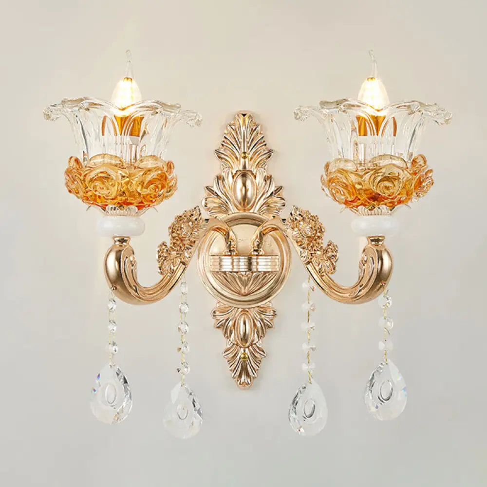 Gold Floral Glass Chandelier: Elegant Living Room Suspension Lamp 2 /