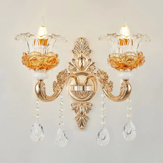 Gold Floral Glass Chandelier: Elegant Living Room Suspension Lamp 2 /