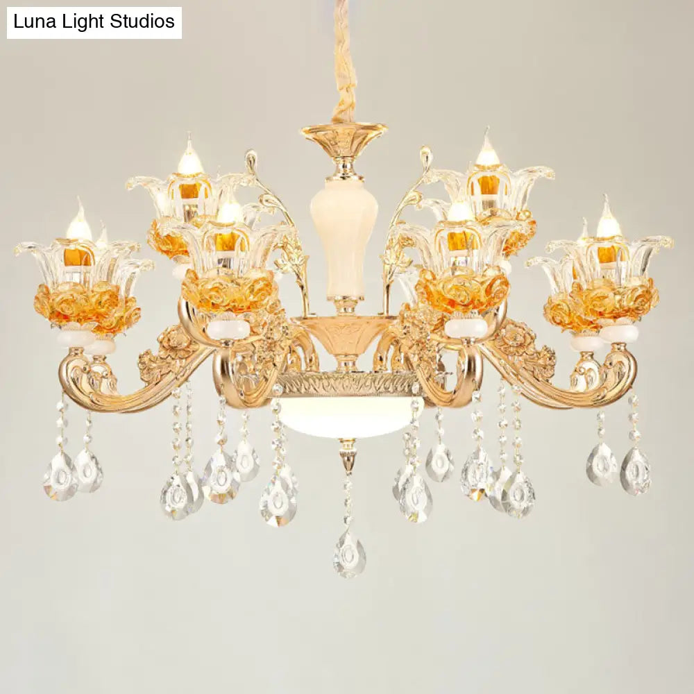 Gold Floral Glass Chandelier: Elegant Living Room Suspension Lamp