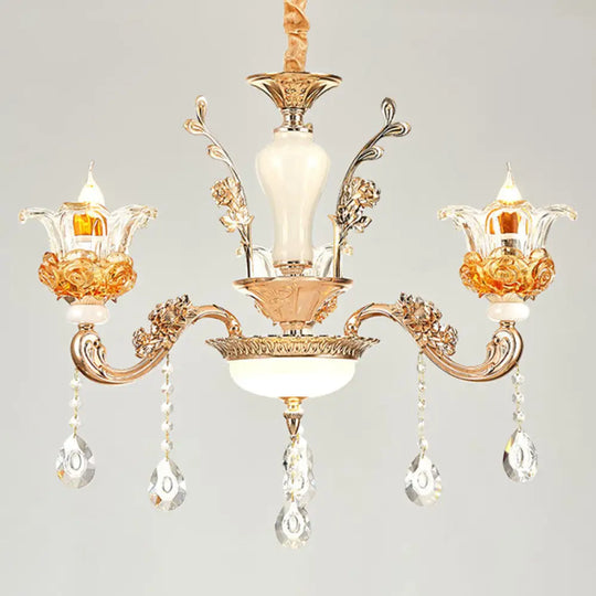 Gold Floral Glass Chandelier: Elegant Living Room Suspension Lamp 3 /