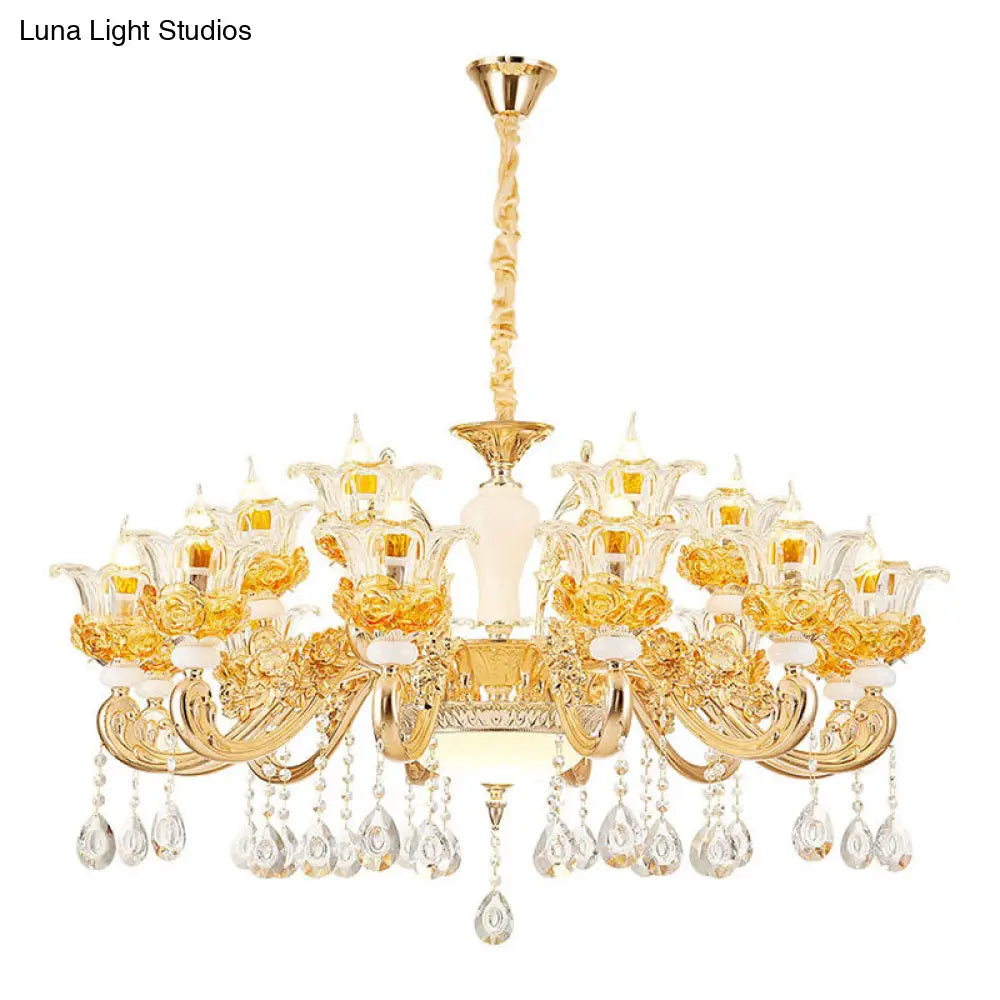 Gold Floral Glass Chandelier: Elegant Living Room Suspension Lamp