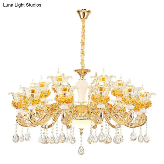 Gold Floral Glass Chandelier: Elegant Living Room Suspension Lamp