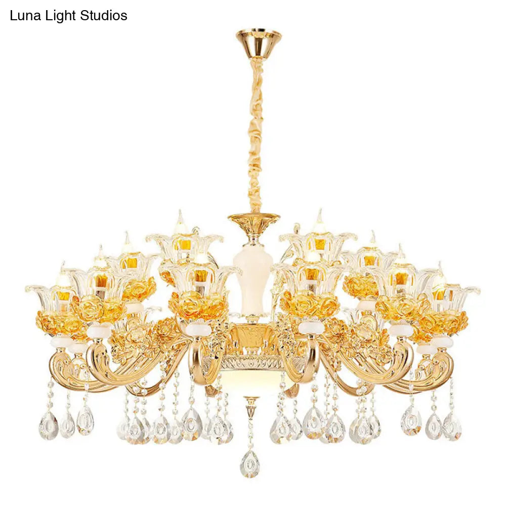 Floral Clear Glass Living Room Chandelier - Simple Gold Suspension Light Fixture