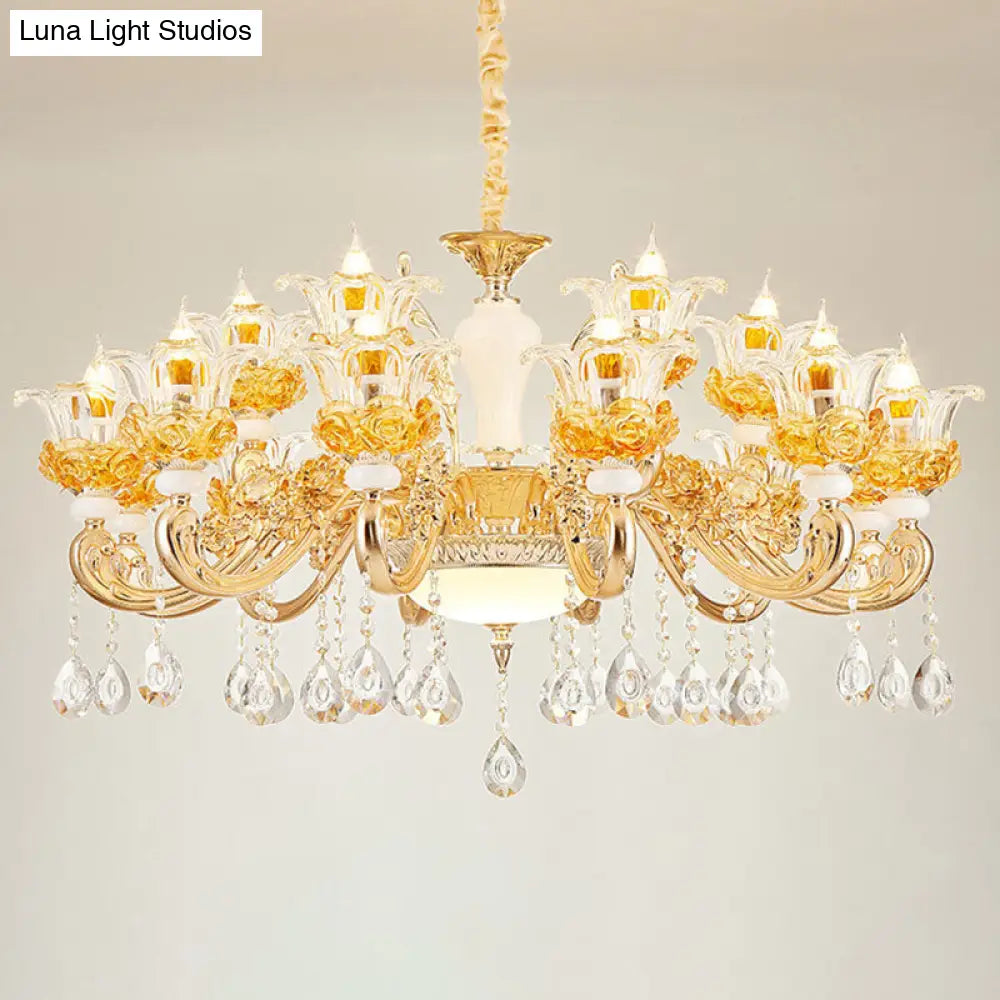 Floral Clear Glass Living Room Chandelier - Simple Gold Suspension Light Fixture 18 /