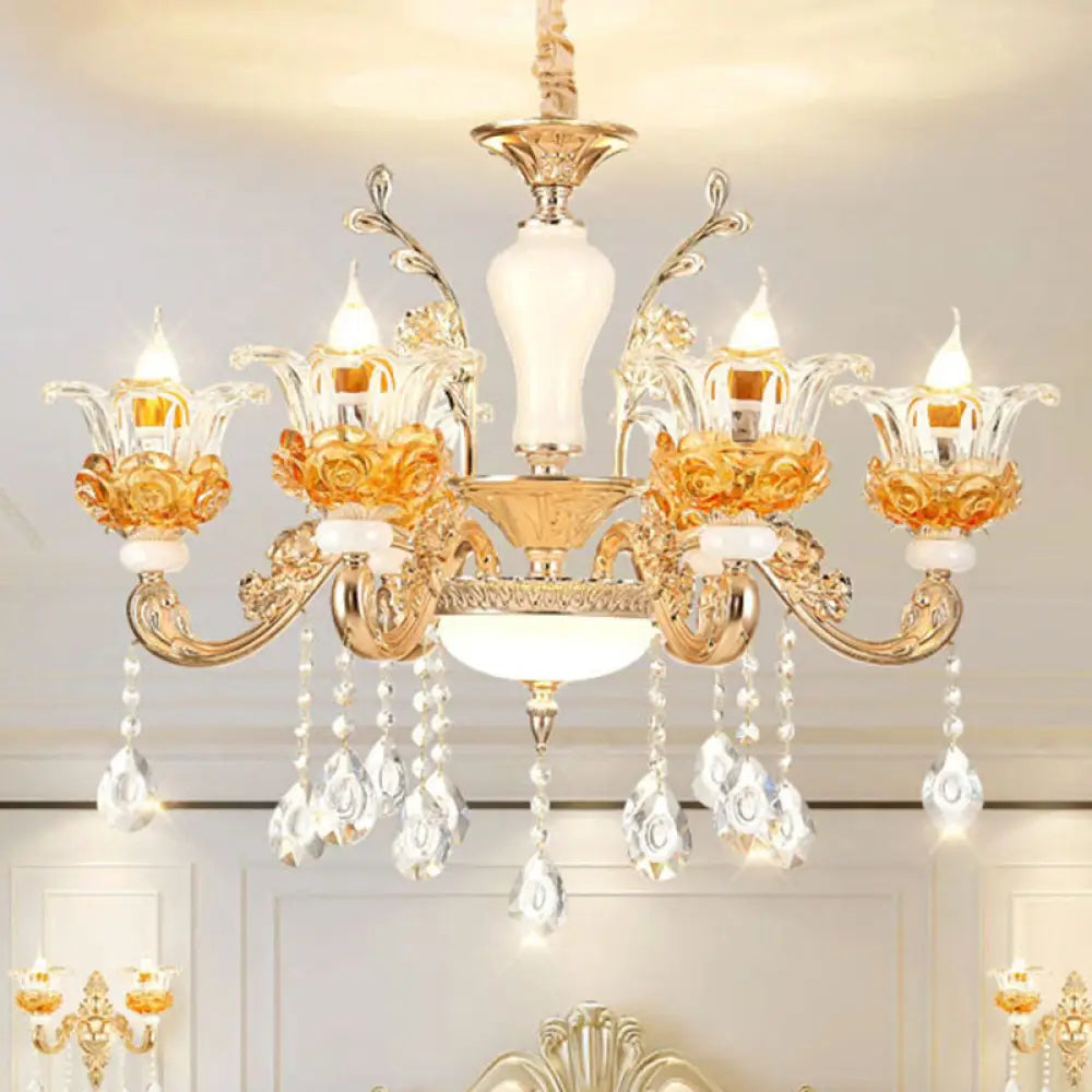 Gold Floral Glass Chandelier: Elegant Living Room Suspension Lamp 6 /