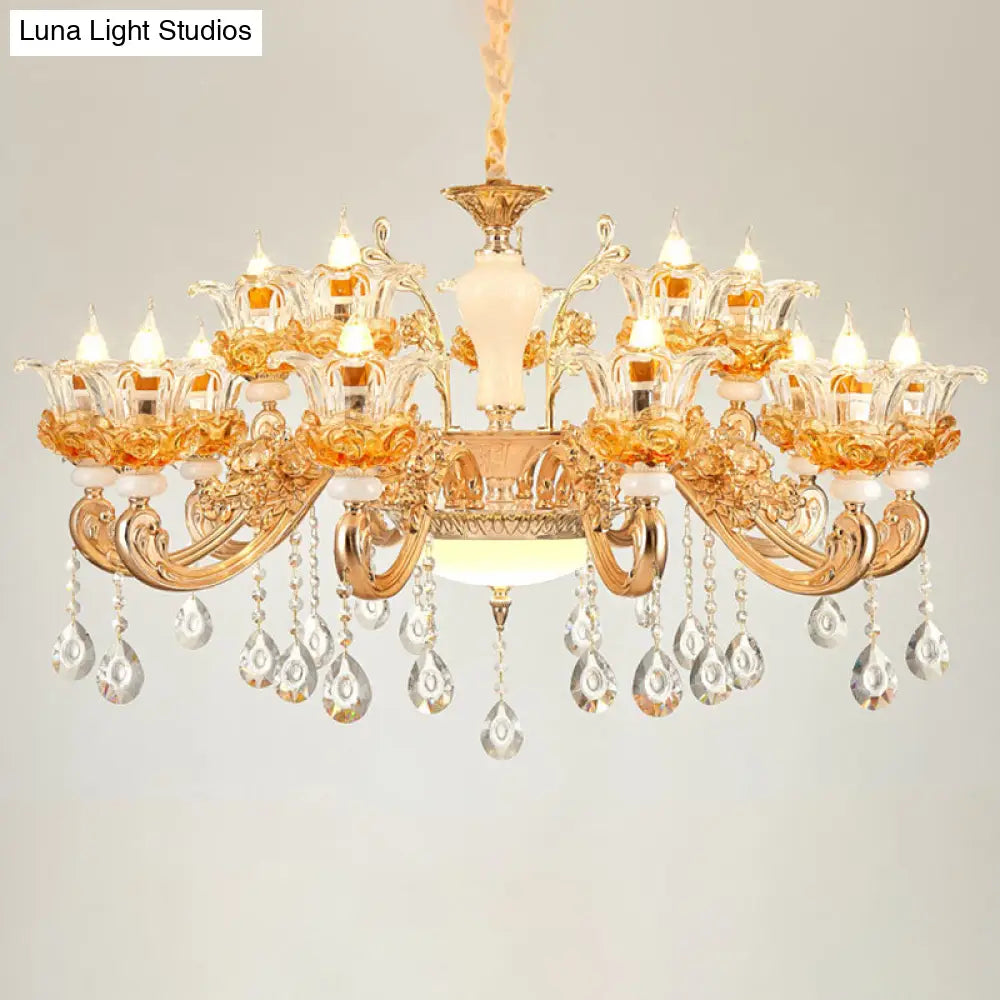 Gold Floral Glass Chandelier: Elegant Living Room Suspension Lamp