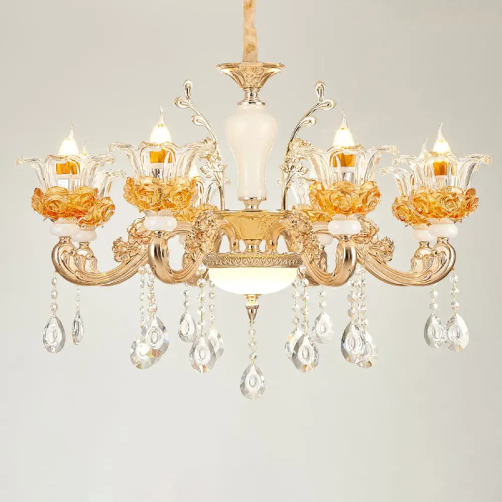 Gold Floral Glass Chandelier: Elegant Living Room Suspension Lamp 8 /