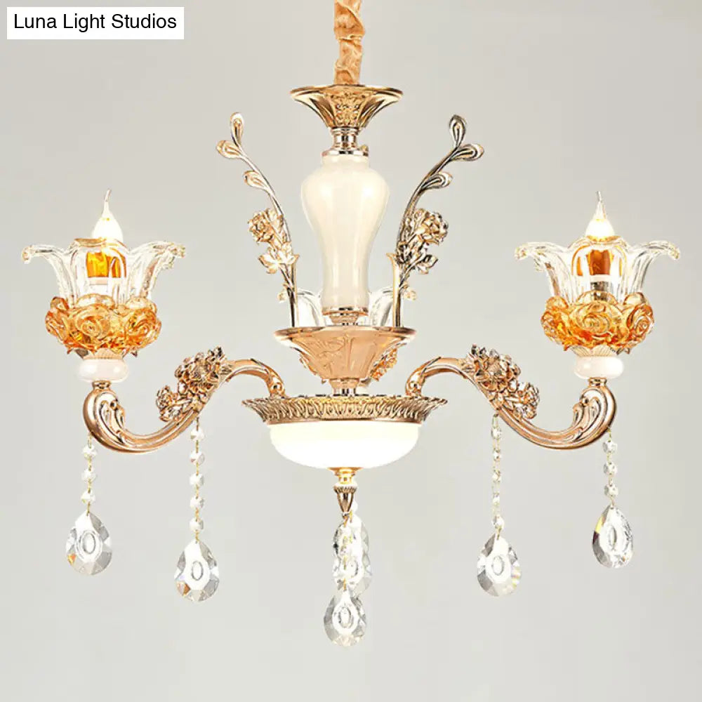 Floral Clear Glass Living Room Chandelier - Simple Gold Suspension Light Fixture 3 /