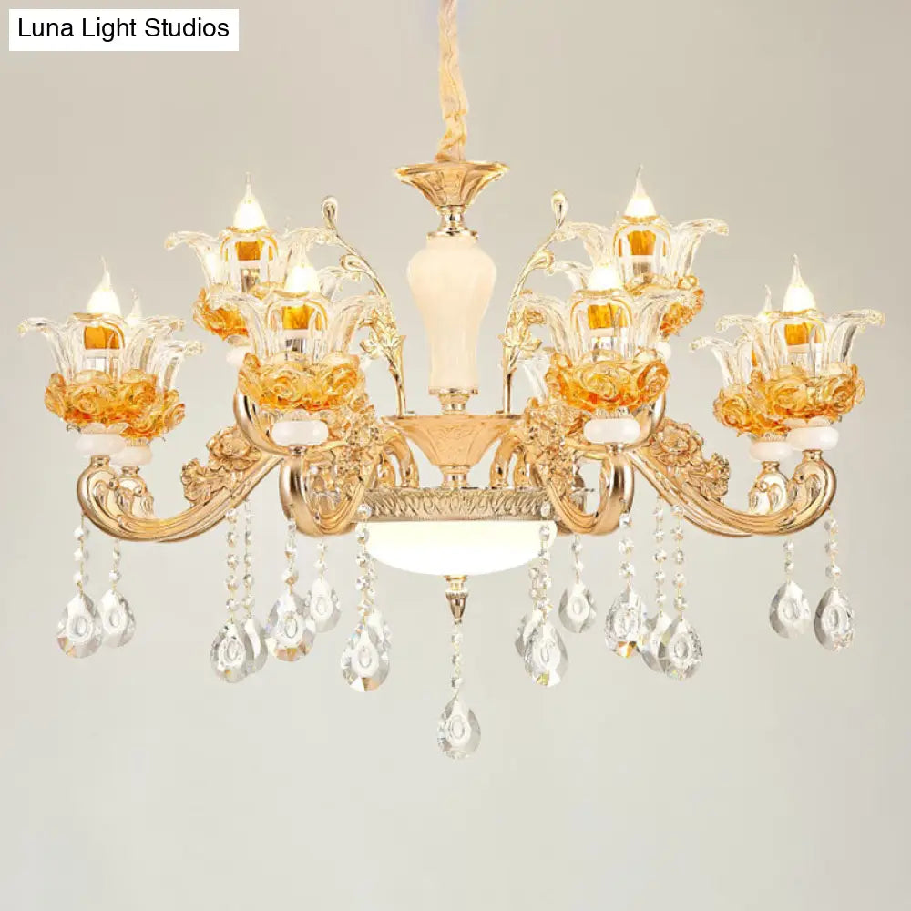 Floral Clear Glass Living Room Chandelier - Simple Gold Suspension Light Fixture