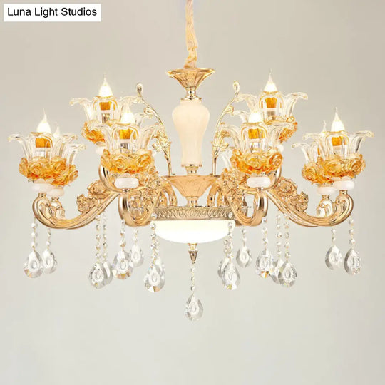 Floral Clear Glass Living Room Chandelier - Simple Gold Suspension Light Fixture