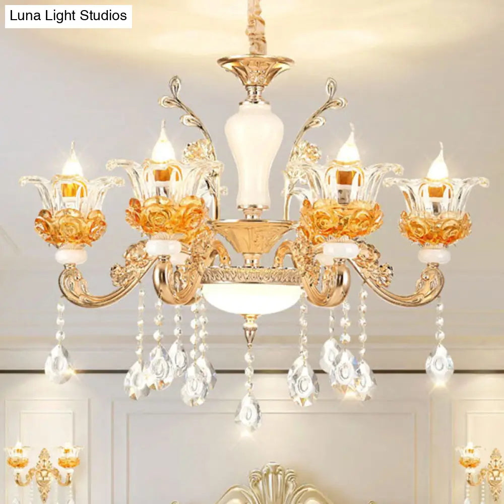 Floral Clear Glass Living Room Chandelier - Simple Gold Suspension Light Fixture 6 /