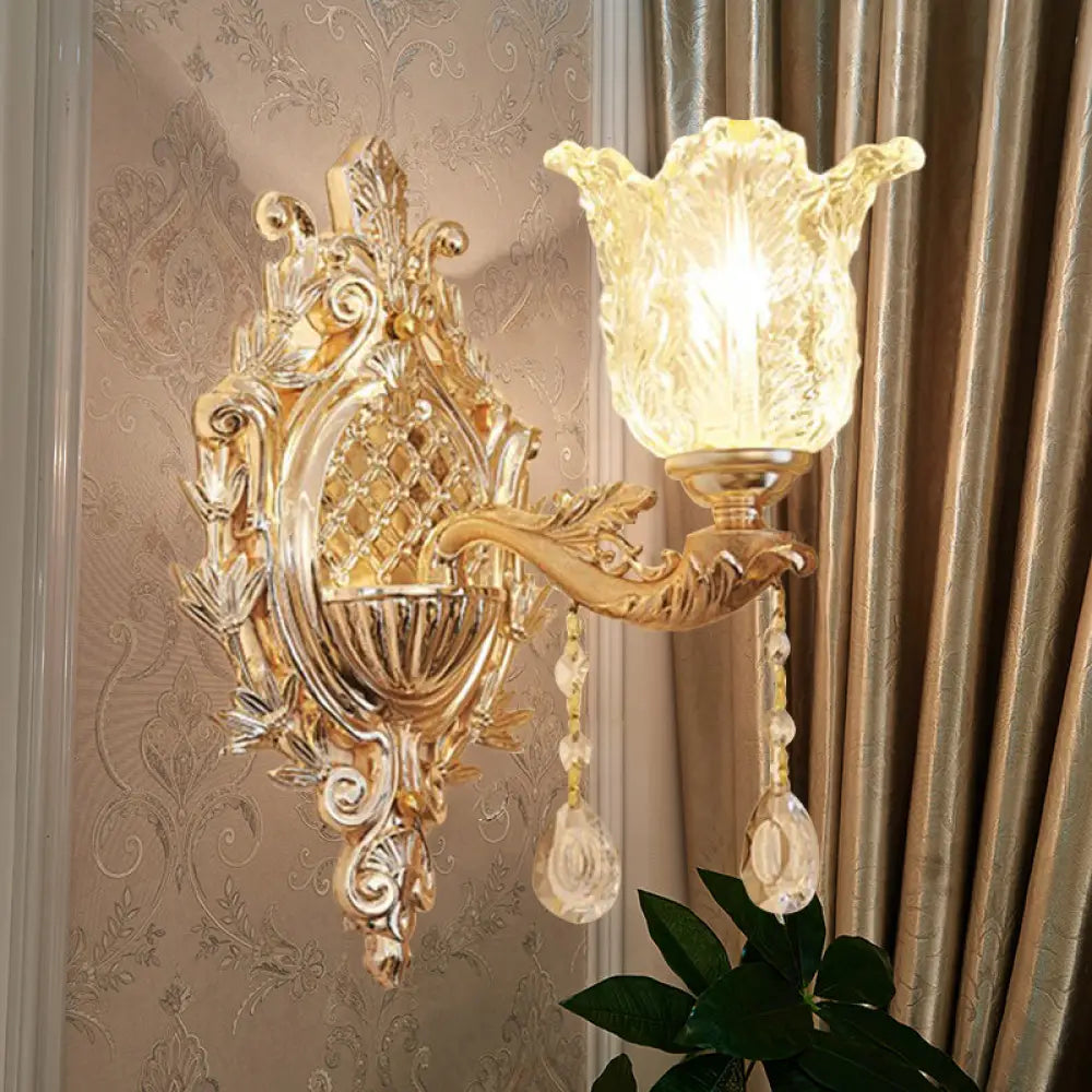 Gold Floral Glass Wall Light With Ruffled Shade - Bedroom Mounted Lamp