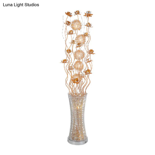 Gold Floral Led Floor Lamp - Aluminum Cylinder Art Decor With White/Warm Light