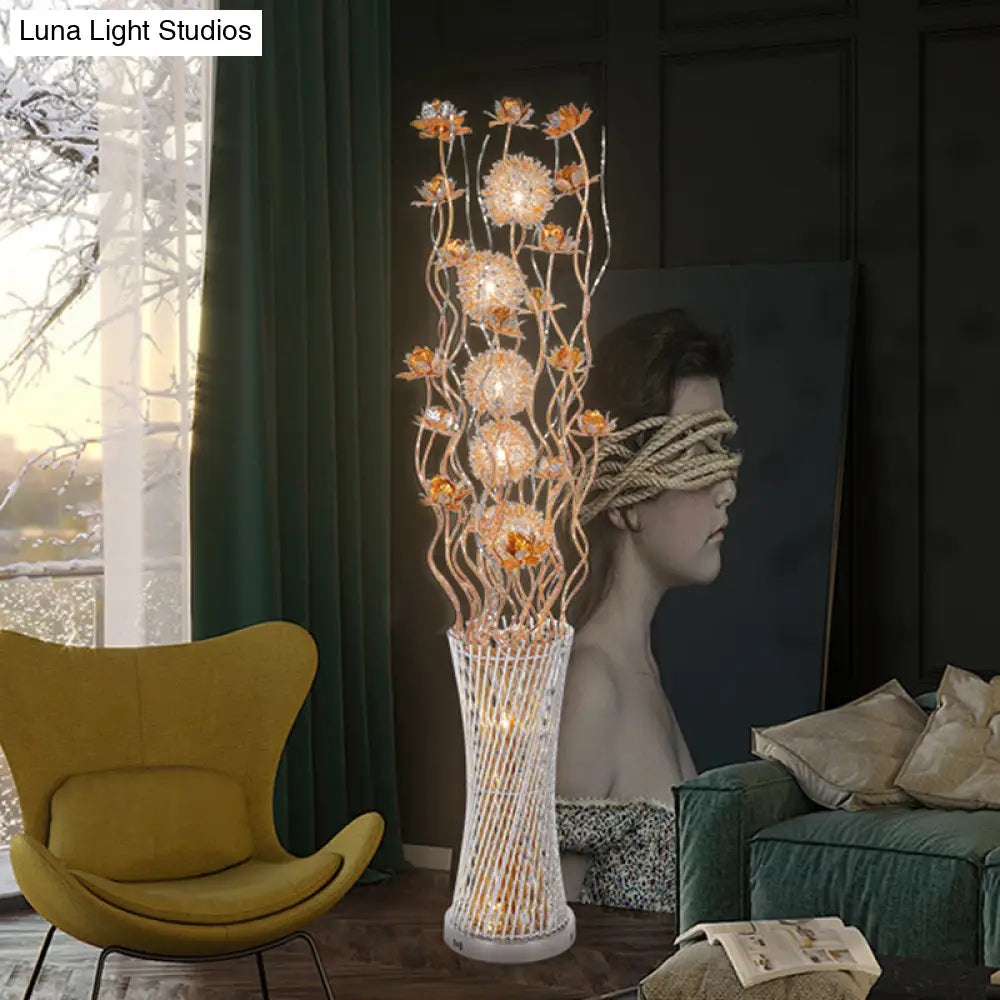 Gold Floral Led Floor Lamp - Aluminum Cylinder Art Decor With White/Warm Light