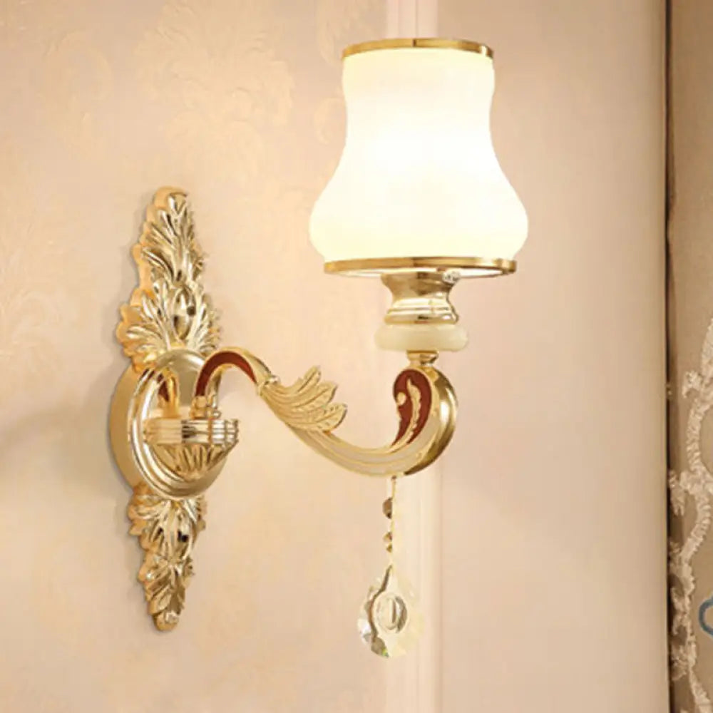 Gold Floral Wall Lamp - Retro Style Frosted Glass Light Fixture With Crystal Accent Perfect For