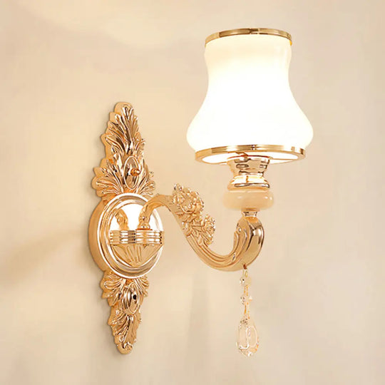 Gold Floral Wall Lamp - Retro Style Frosted Glass Light Fixture With Crystal Accent Perfect For