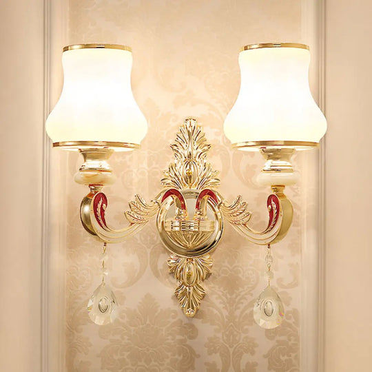 Gold Floral Wall Lamp - Retro Style Frosted Glass Light Fixture With Crystal Accent Perfect For