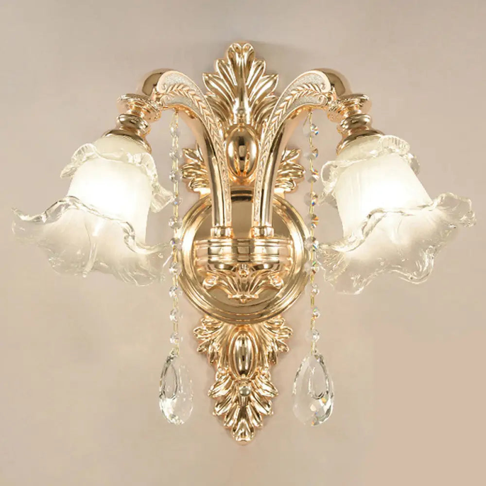 Gold Floral Wall Lamp - Retro Style Frosted Glass Light Fixture With Crystal Accent Perfect For