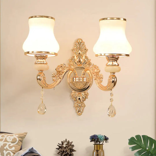 Gold Floral Wall Lamp - Retro Style Frosted Glass Light Fixture With Crystal Accent Perfect For